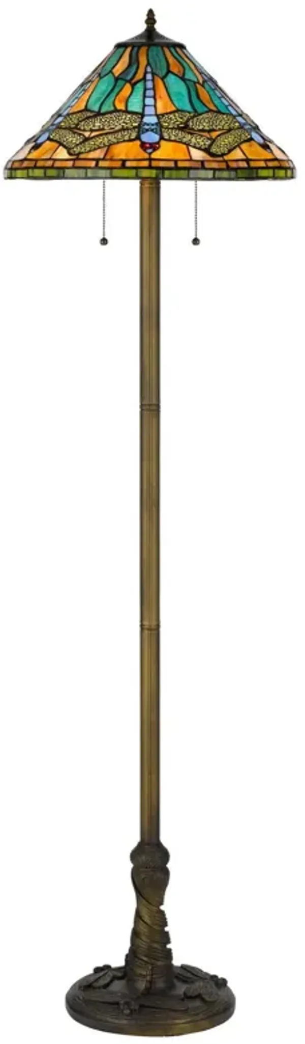 Two Light Traditional Shaped Floor Lamp With Blue And Orange Dragonfly Tiffany Glass Empire Shade - Brass