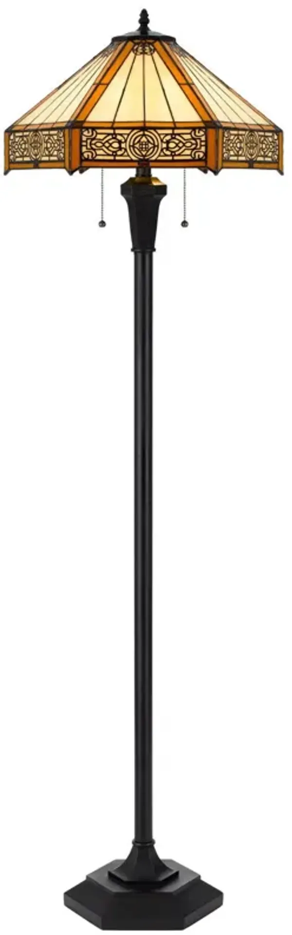 Two Light Traditional Shaped Floor Lamp With Orange And Ivory Abstract Tiffany Glass Empire Shade - Bronze