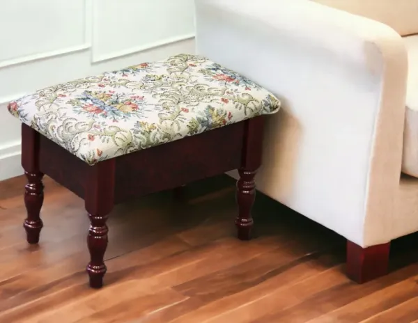 Green And Mahogany Wood And Floral Upholstery Footstool With Storage - Ivory