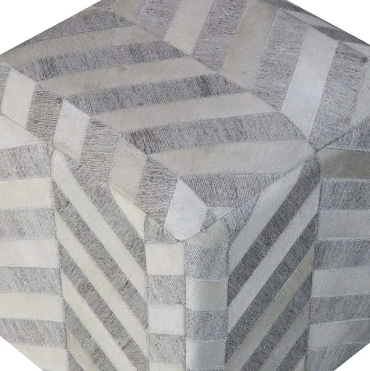 Hair on Hide Cube Chevron Pouf Ottoman - Gray And Ivory