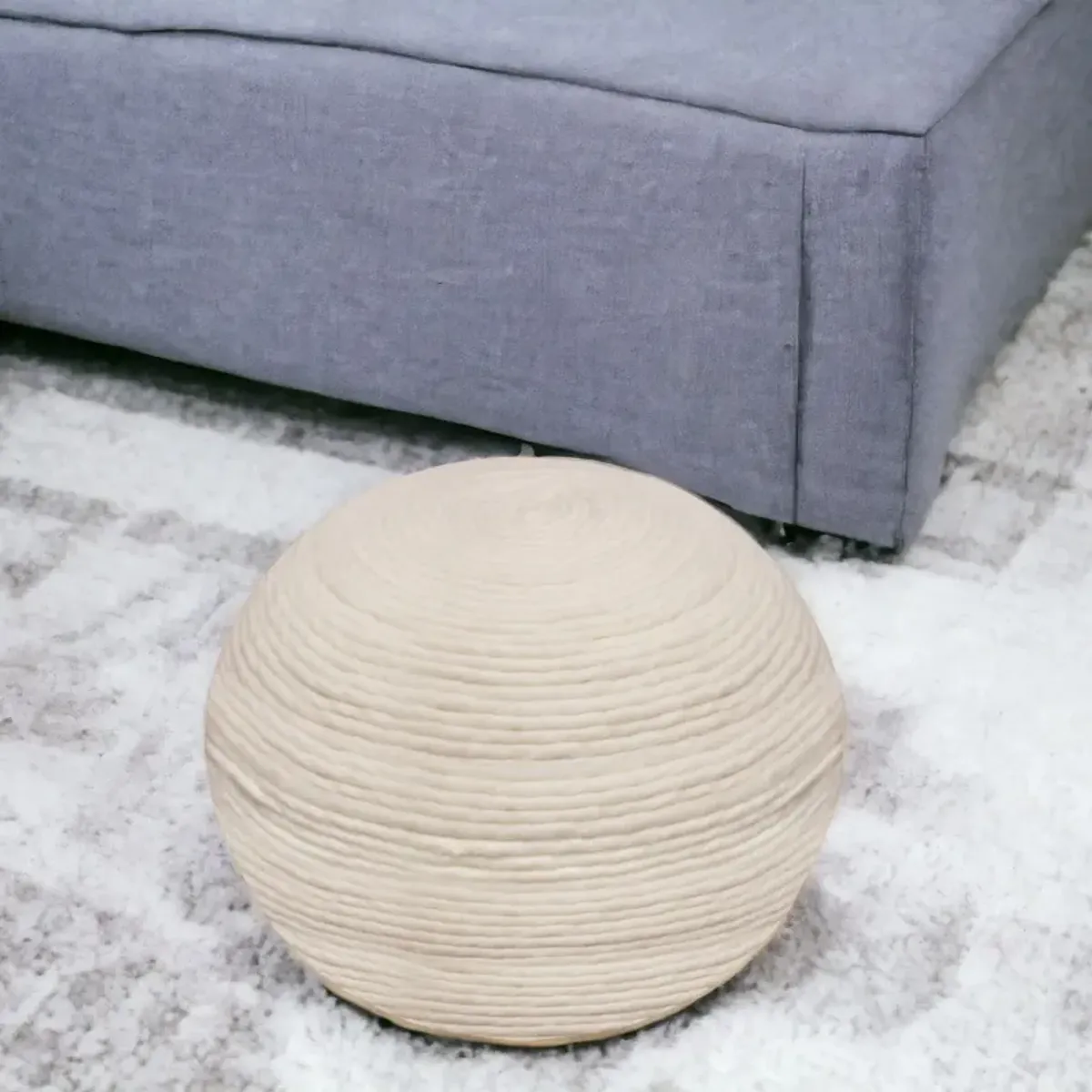 Wool Round Ribbed Pouf Ottoman - Ivory