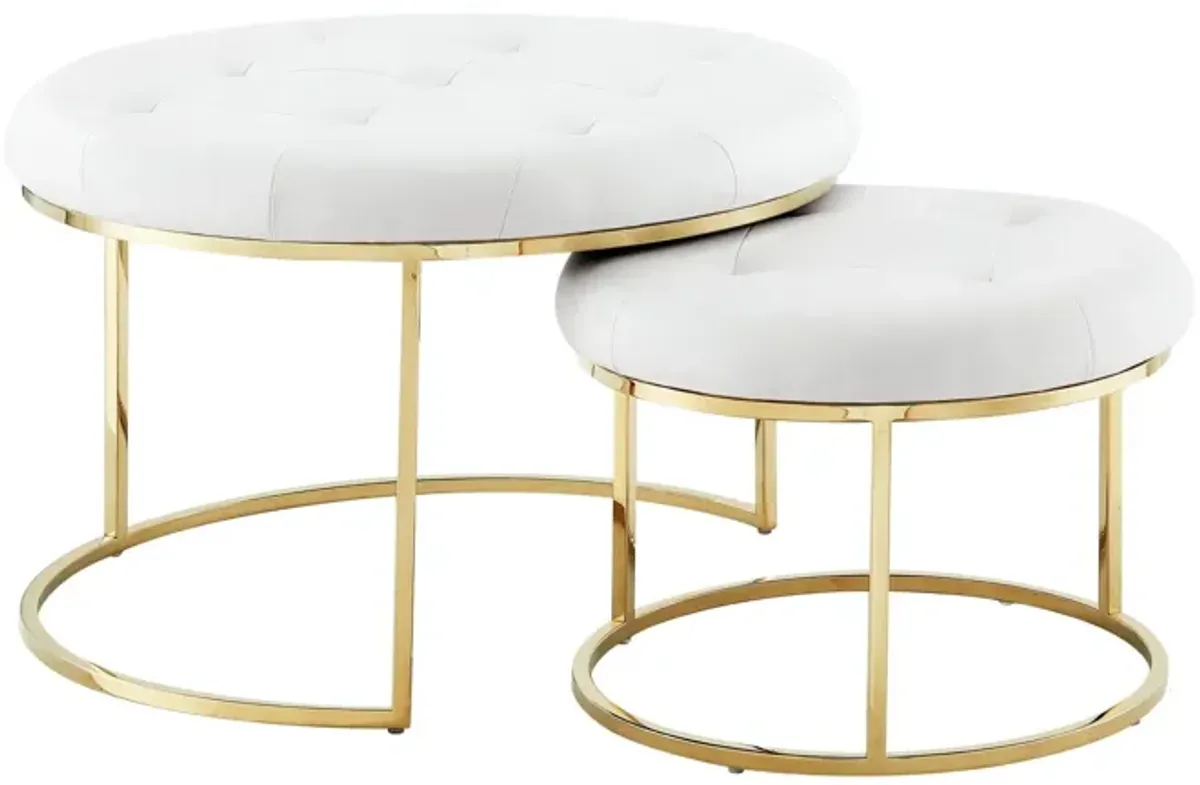 Faux Leather Tufted Round Ottomans (Set of 2) - White And Gold