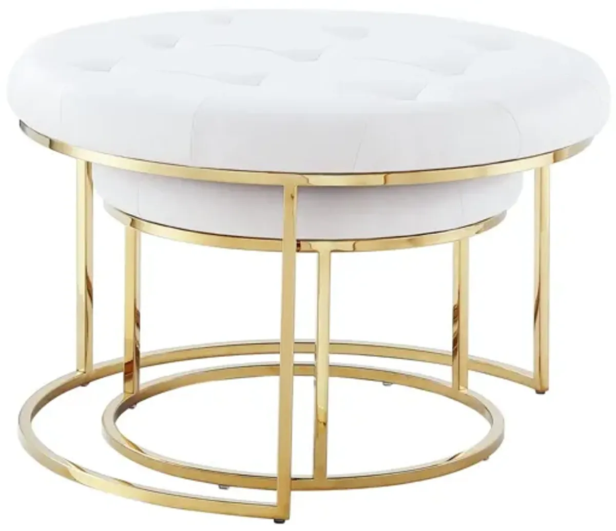 Faux Leather Tufted Round Ottomans (Set of 2) - White And Gold