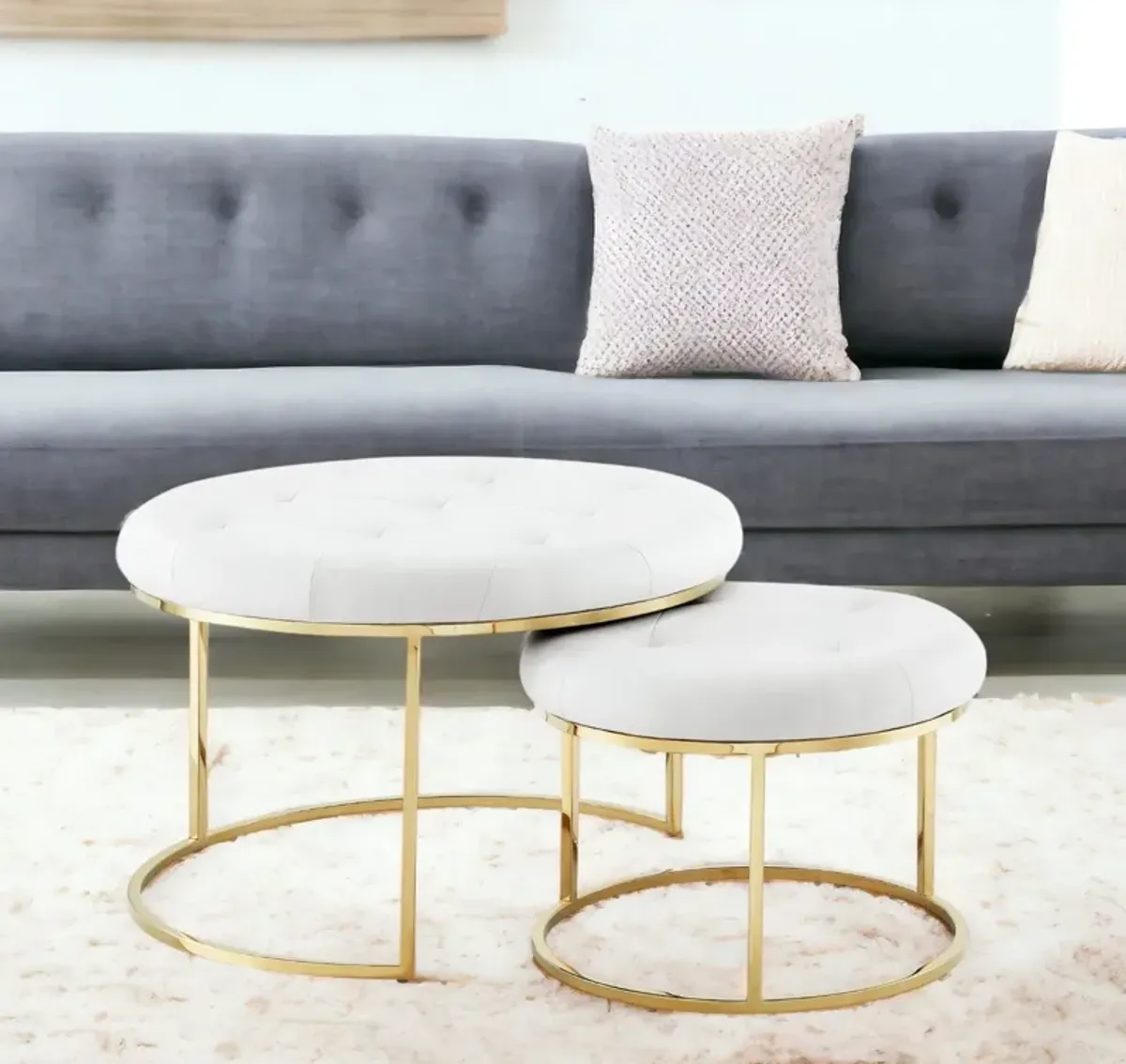 Faux Leather Tufted Round Ottomans (Set of 2) - White And Gold