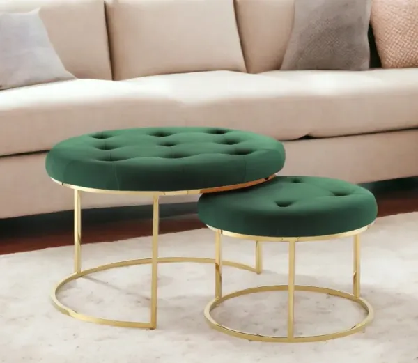 Velvet Tufted Round Ottomans (Set of 2) - Green And Gold