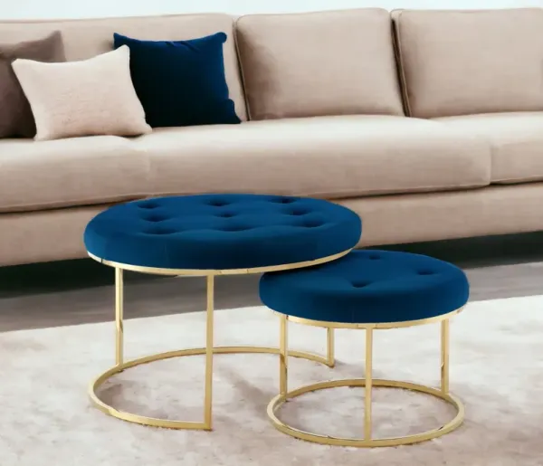Velvet Tufted Round Ottomans (Set of 2) - Navy Blue And Gold