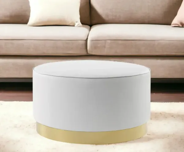 Faux Leather And Gold Round Cocktail Ottoman - White