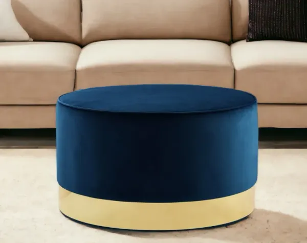Velvet Round Cocktail Ottoman - Navy Blue And Gold