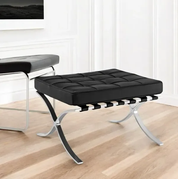 Genuine Leather And Silver Tufted Footstool Ottoman - Black