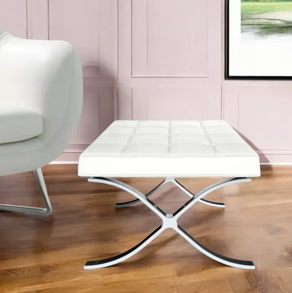 Genuine Leather And Silver Tufted Footstool Ottoman - White