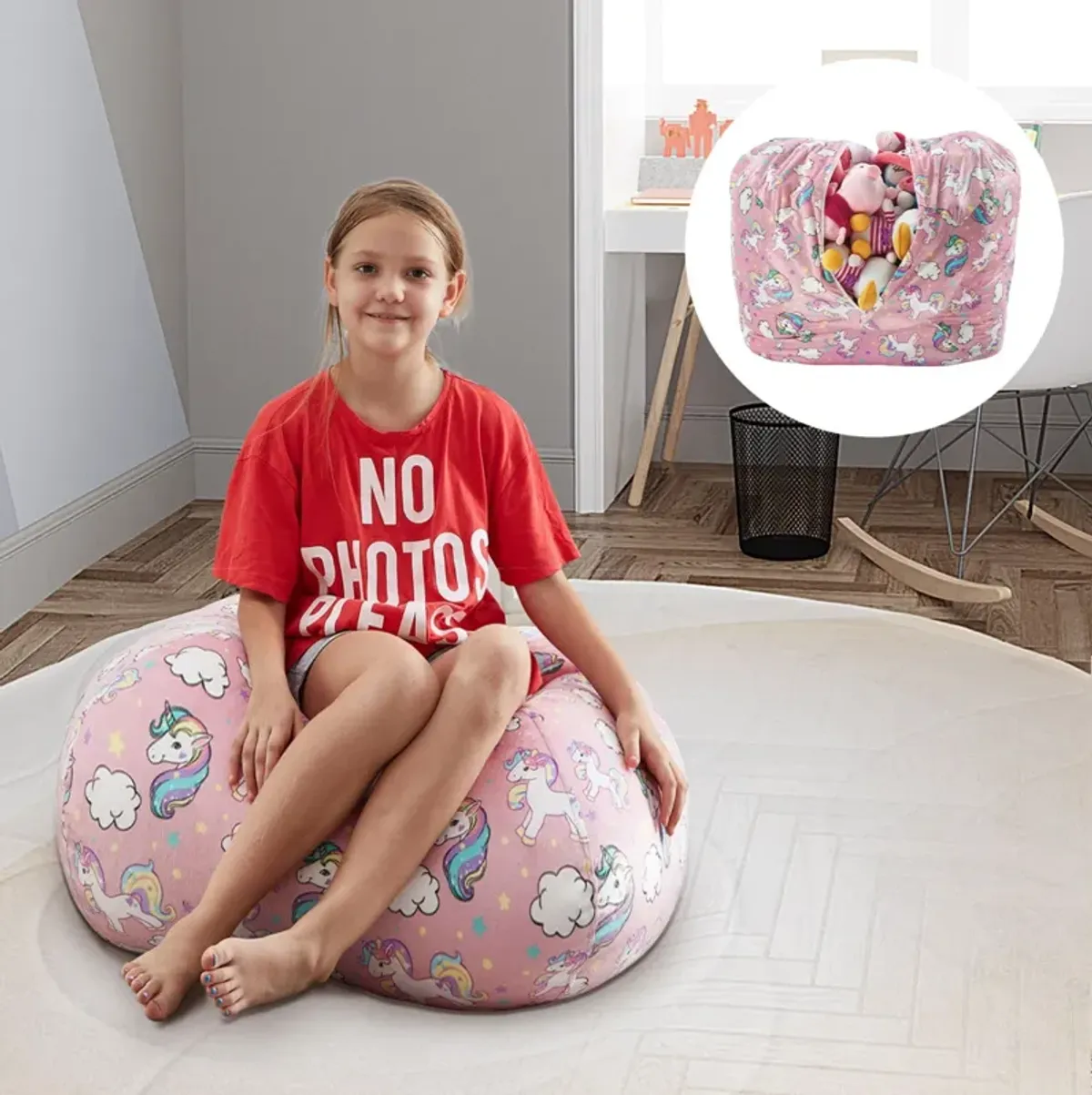 Microfiber Round Unicorn Pouf Cover - Pink And White