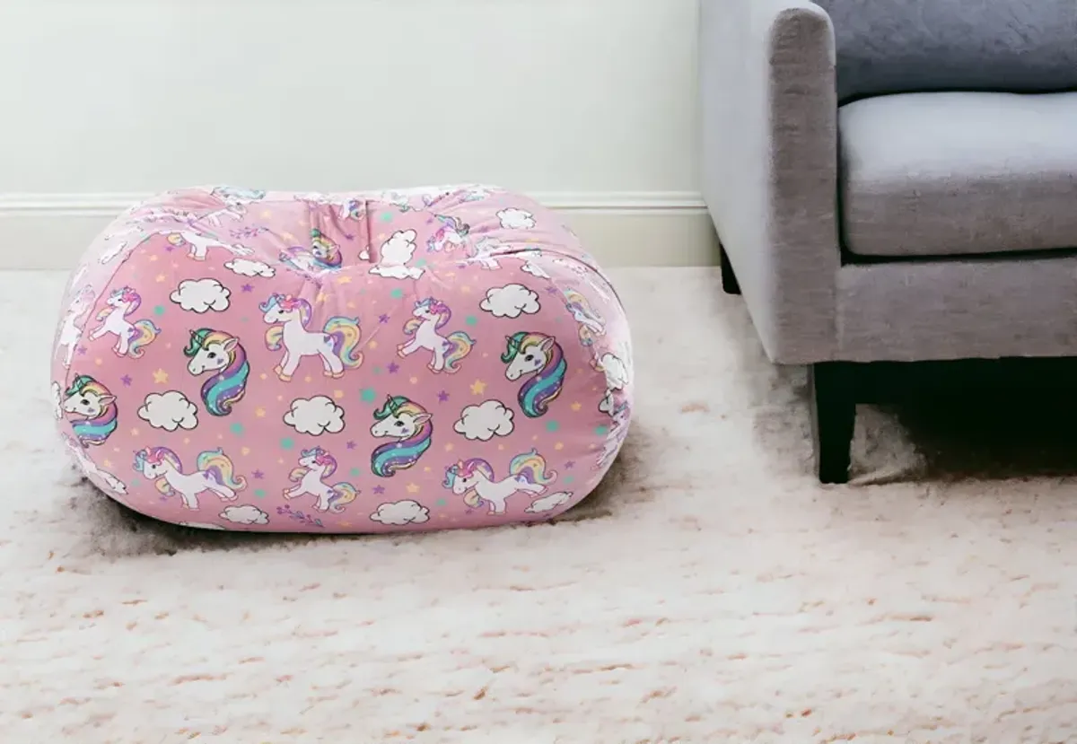 Microfiber Round Unicorn Pouf Cover - Pink And White