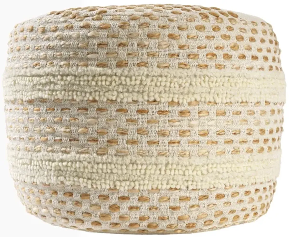 Cotton Blend Round Striped Pouf Ottoman - Ivory And Brown