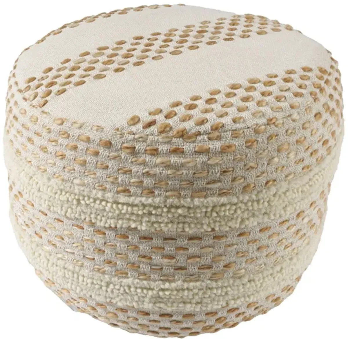 Cotton Blend Round Striped Pouf Ottoman - Ivory And Brown