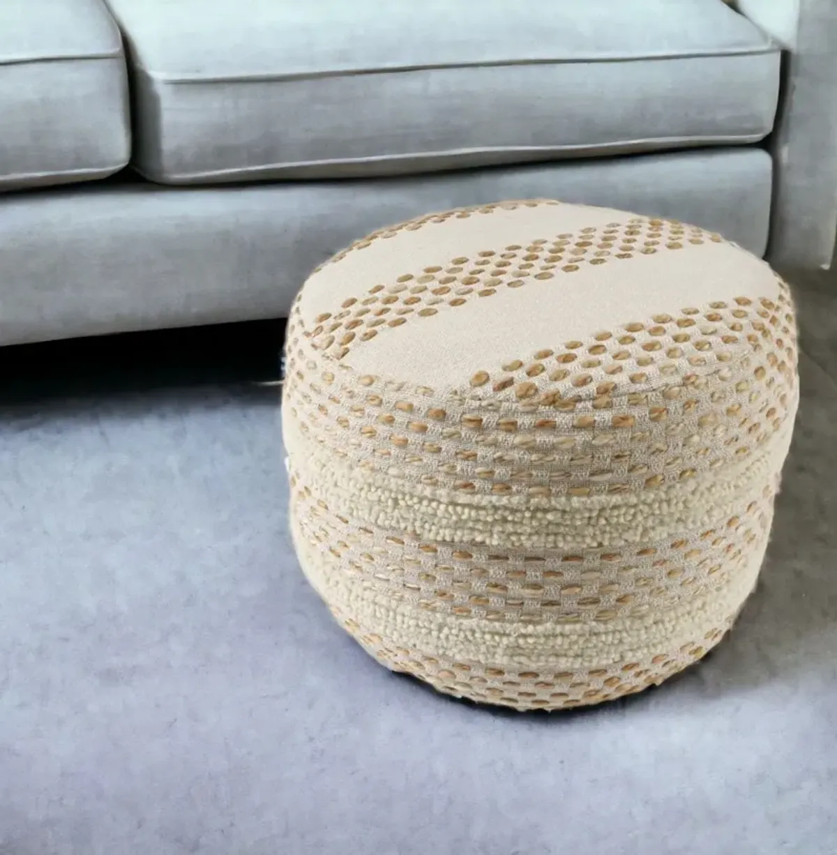 Cotton Blend Round Striped Pouf Ottoman - Ivory And Brown