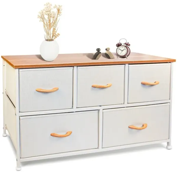 Fabric Chest With Two Shelves And Five Drawers - White And Natural