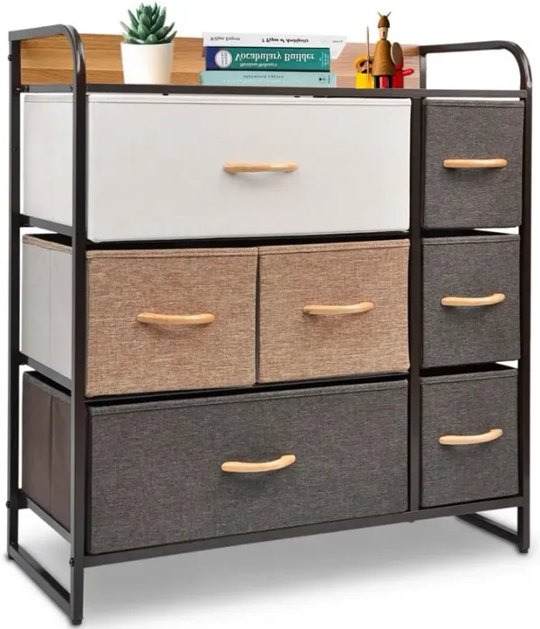 Fabric And Steel Accent Chest With Two Shelves And Seven Drawers - Brown