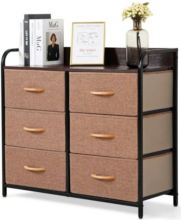 Fabric And Metal Accent Chest With Two Shelves And Six Drawers - Brown