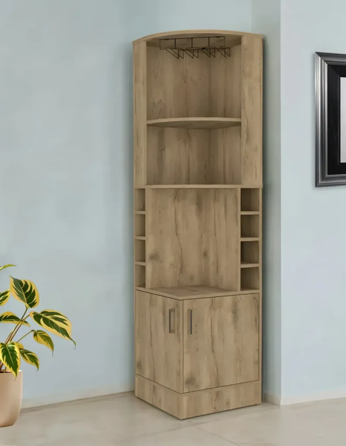 Corner Bar Cabinet With Eleven Shelves - Natural