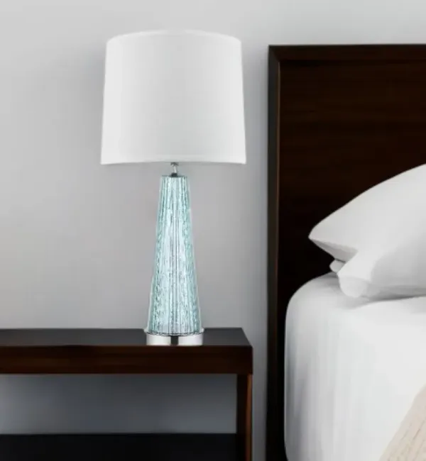 Glass Buffet Lamp With Off-White Empire Shade - Aqua