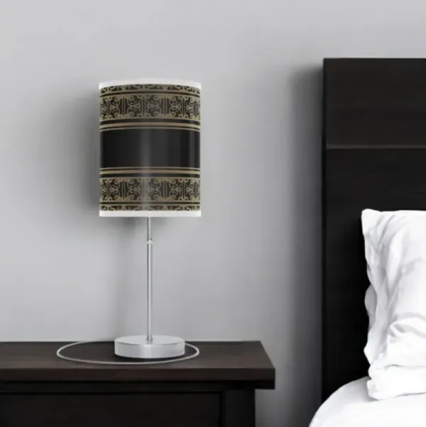 Table Lamp With Black And Gold Striped Scroll Cylinder Shade - Silver