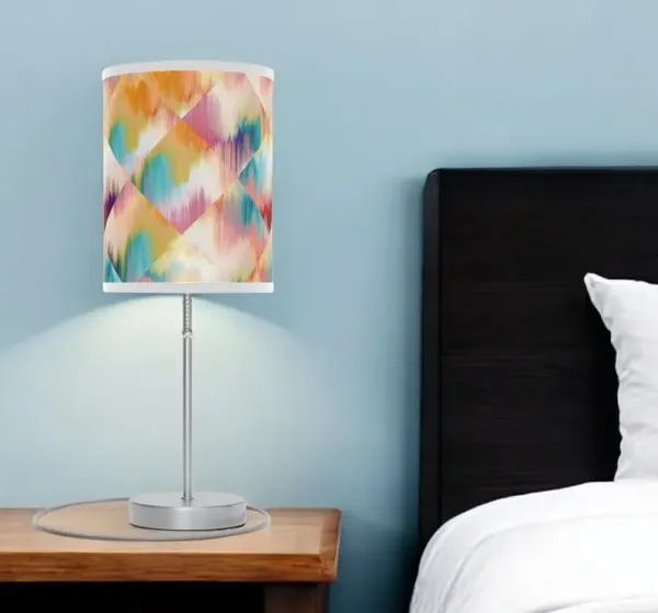 Table Lamp With White And Colorful Abstract Ikat Cylinder Shade - Silver