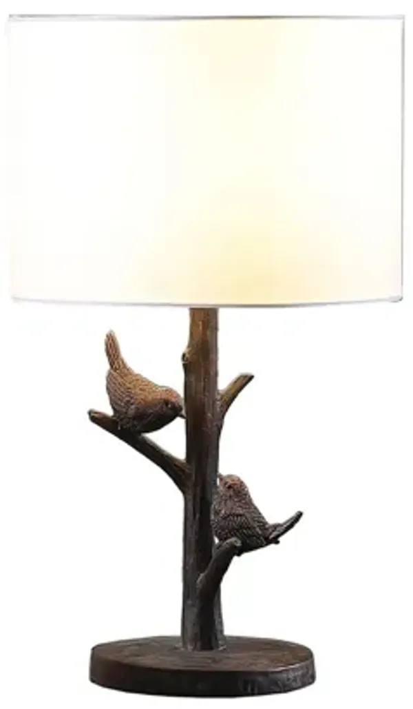Rustic Birds on a Tree Table Lamp With White Shade - Dark Bronze