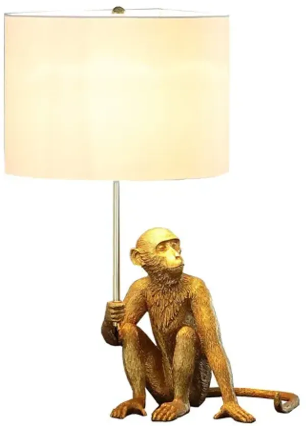 Sitting Monkey Table Lamp With White - Antiqued Gold