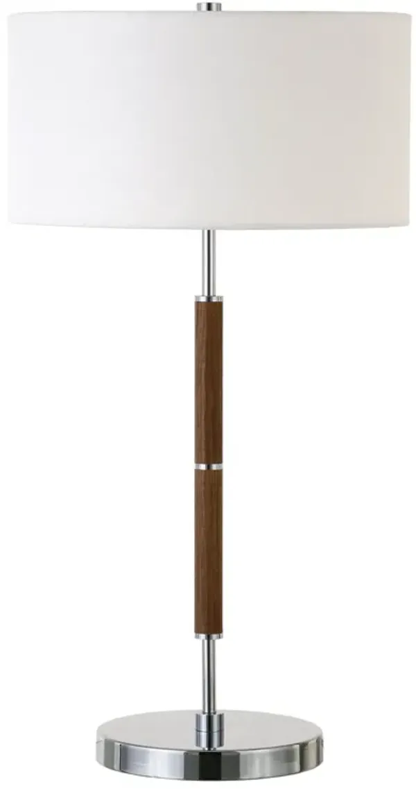 Two Light Table Lamp With White Drum Shade - Silver And Oak