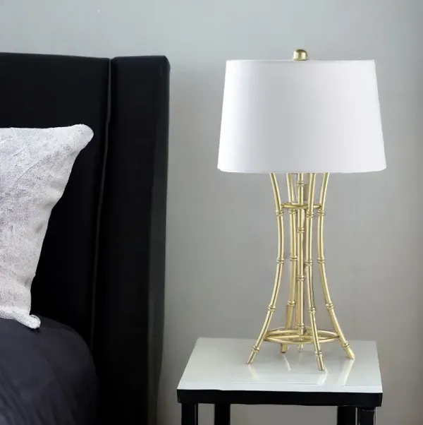 Bamboo Design Table Lamp With Off-White Drum Shade - Gold