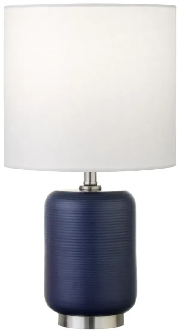 Ceramic Cylinder Table Lamp With White Drum Shade - Blue And Silver