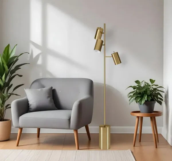 Three Light Tree Floor Lamp With Brass Metal Cylinder Shade - Brass