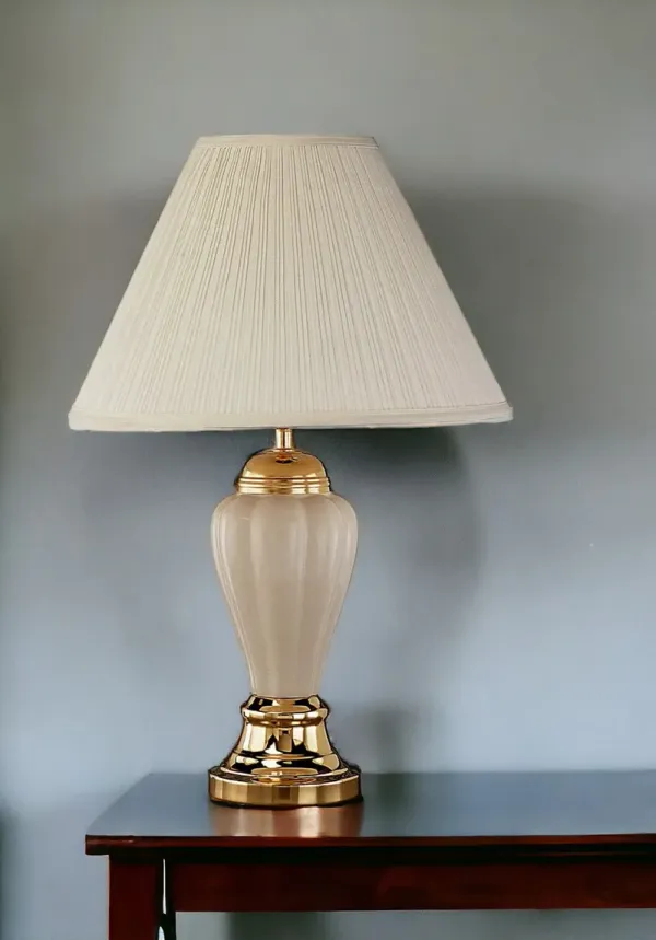Ceramic Urn Table Lamp With Off-White Empire Shade - Ivory And Gold