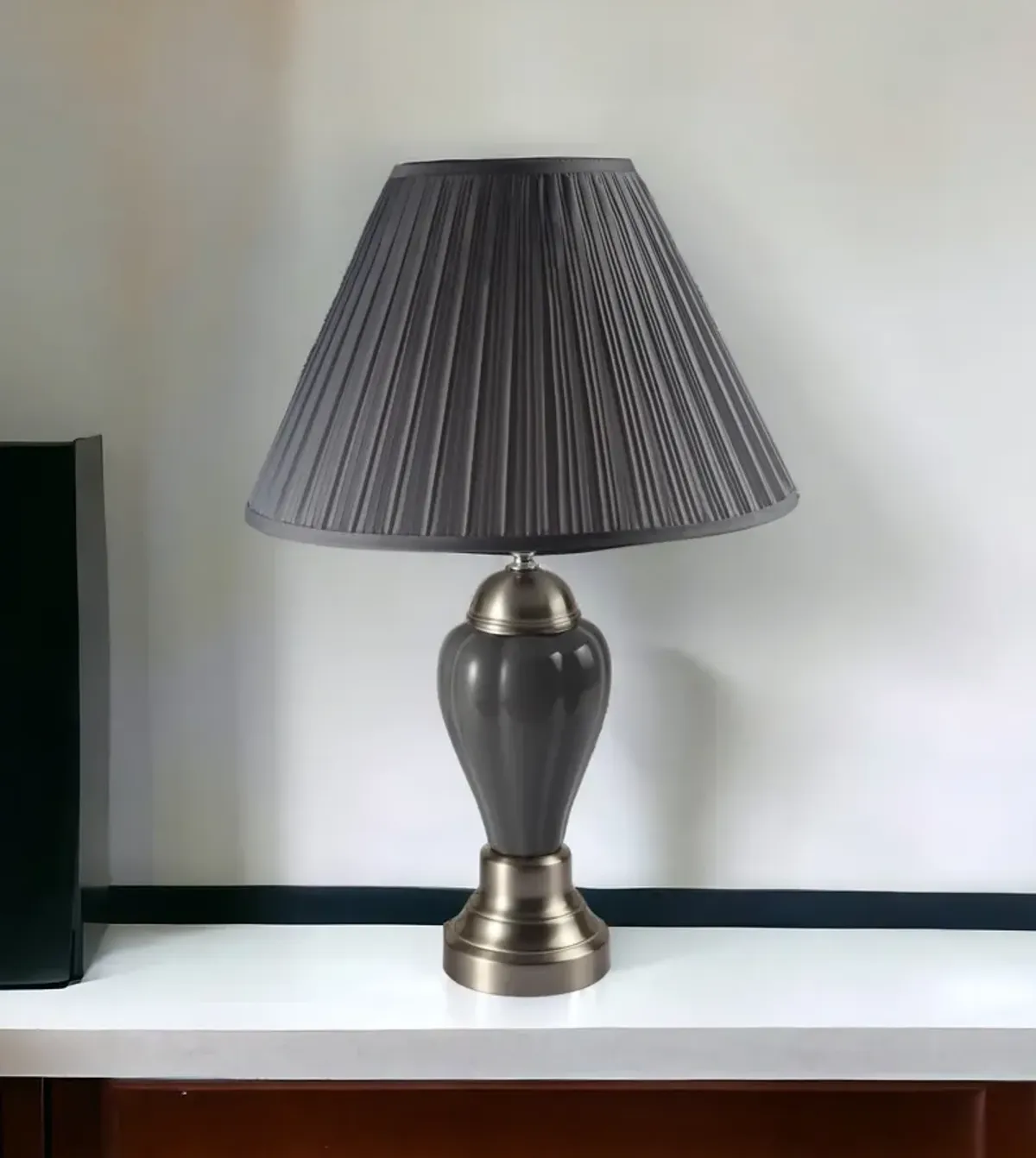 Metal Urn Table Lamp With Gray Empire Shade - Gray And Silver