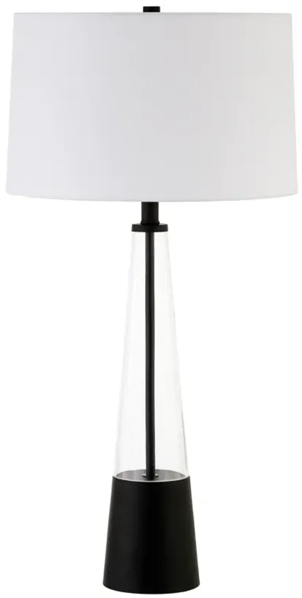 29" Metal And Glass Table Lamp With White Drum Shade - Black And Clear