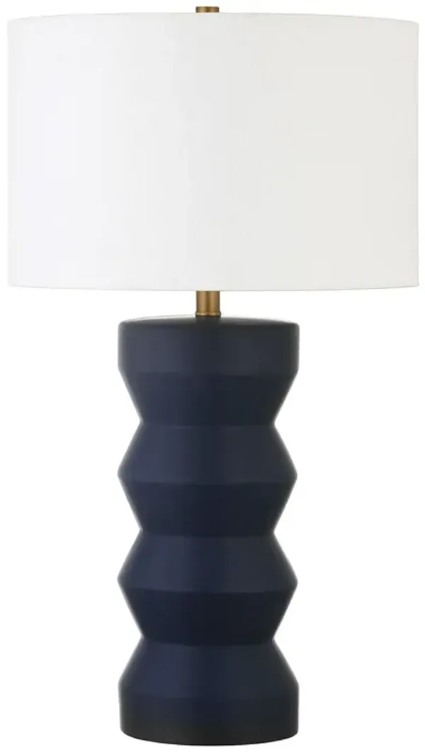 Ceramic Table Lamp With White Drum Shade - Navy Blue