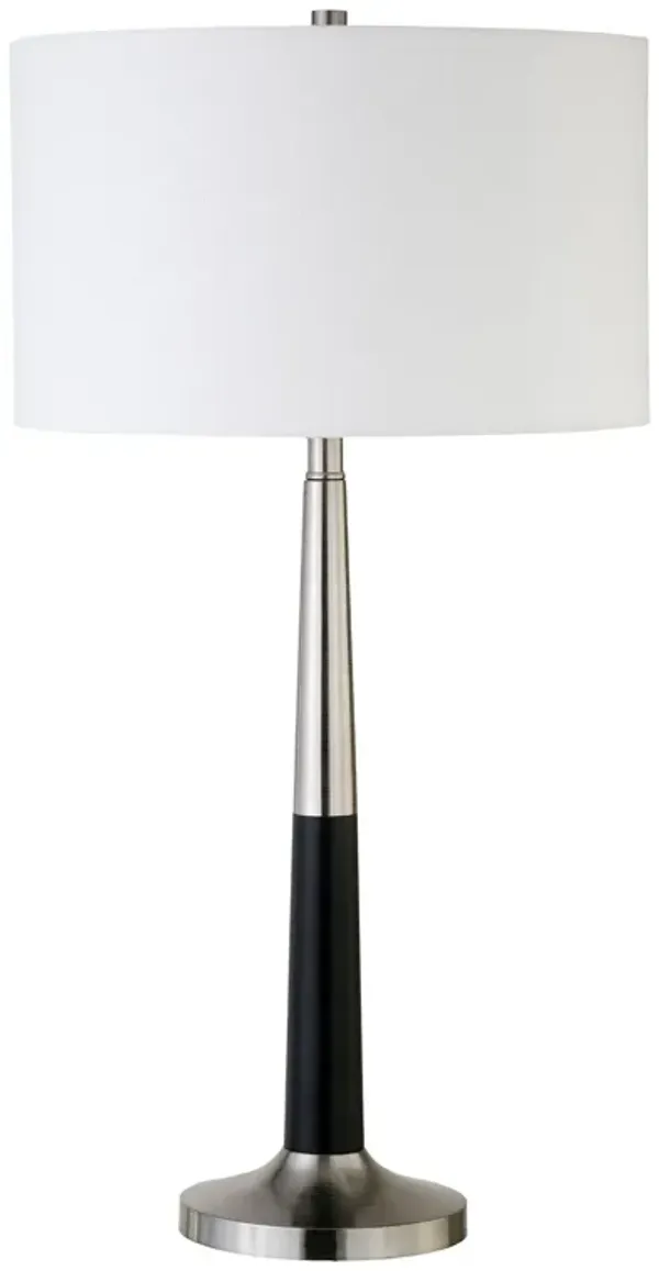 Metal Table Lamp With White Drum Shade - Black And Silver