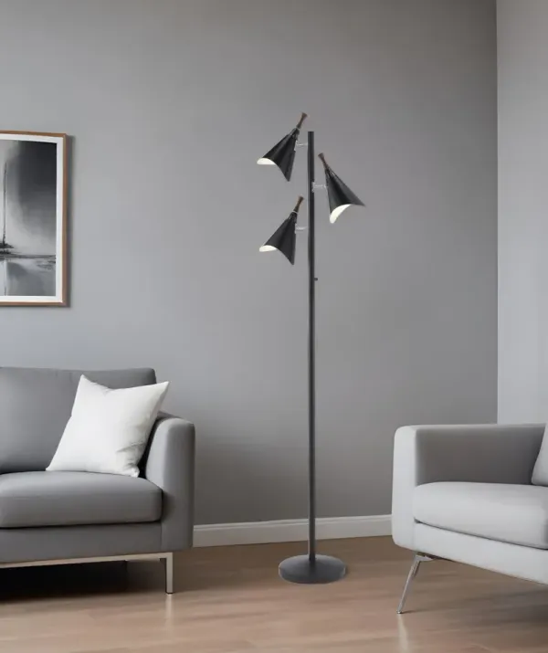 Three Light Tree Floor Lamp With Black Solid Color Cone Shade - Black
