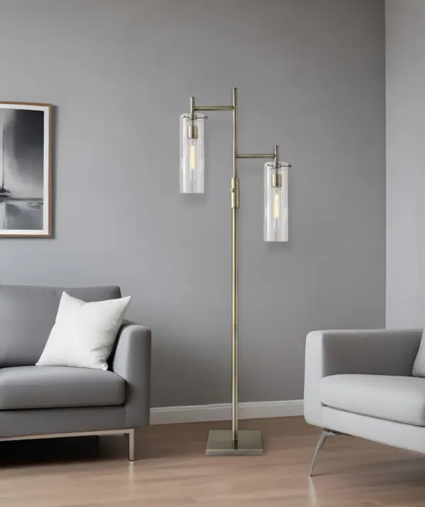 Two Light Novelty Floor Lamp With Clear Drum Shade - Brass