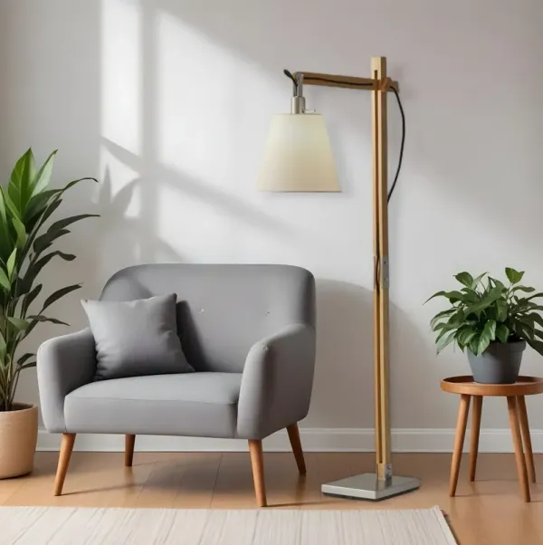 Wood Floor Lamp With Adjustable Hinged Arm - Natural