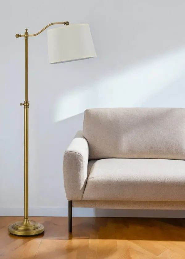 Adjustable Height Swing Arm Floor Lamp With White Fabric Shade - Bronze