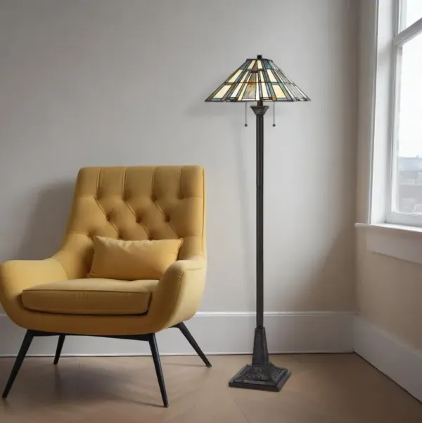 Two Light Traditional Shaped Floor Lamp With Gray And Ivory Abstract Tiffany Glass Empire Shade - Bronze