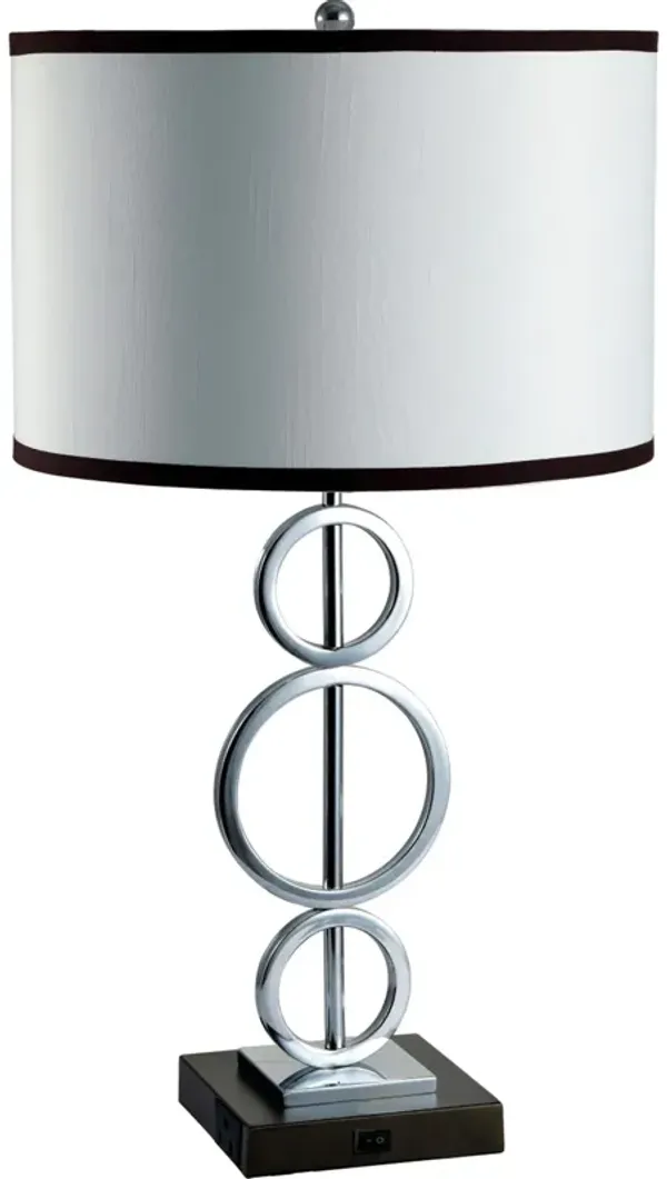 Metal Bedside Geo Table Lamp With White And Black Trim Classic Drum Shade - Silver