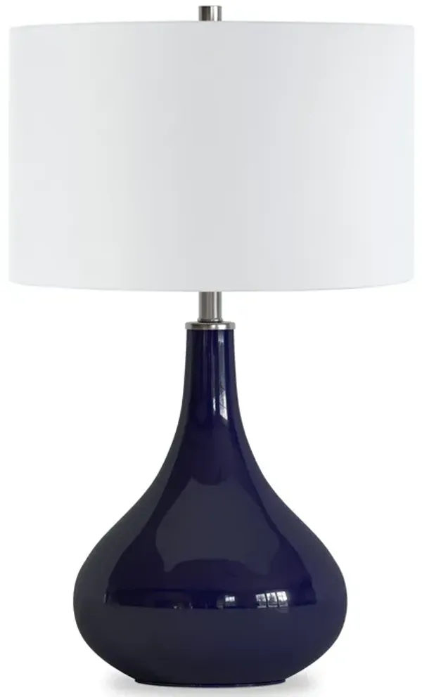 Glass Gourd Table Lamp With White Drum Shade - Navy Blue