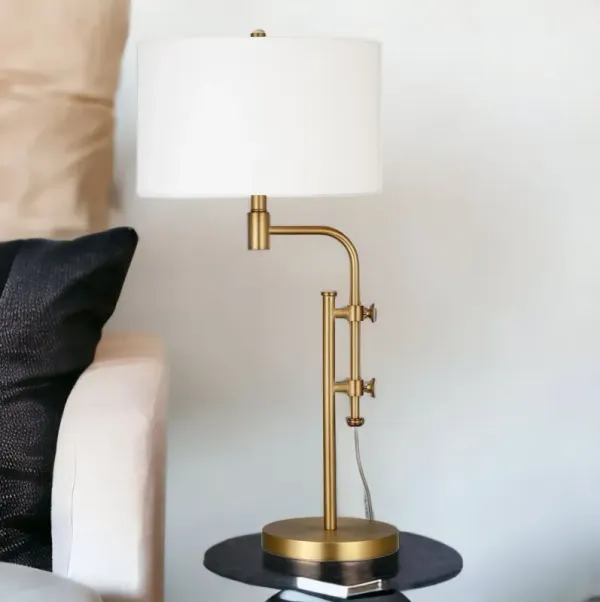 Metal Adjustable Table Lamp With White Drum Shade - Brass