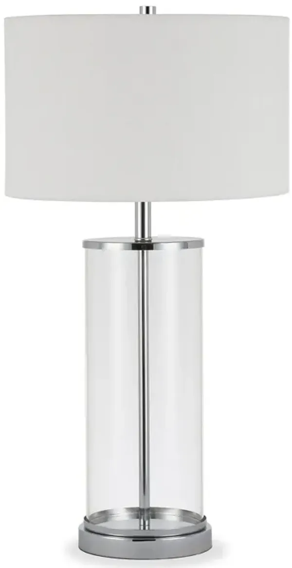 Glass Table Lamp With White Drum Shade - Nickel
