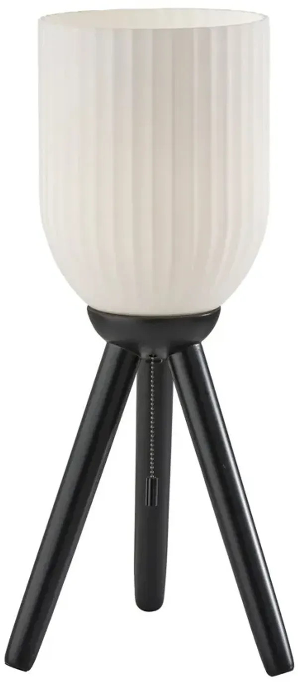 Solid Wood Tripod Table Lamp With White Ribbed Glass Shade - Black