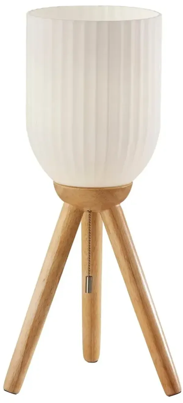 Solid Wood Tripod Table Lamp With White Ribbed Glass Shade - Natural