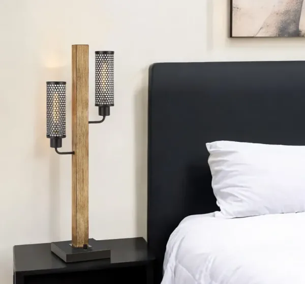 Metal Two Light Table Lamp With Black Novelty Shade - Gray
