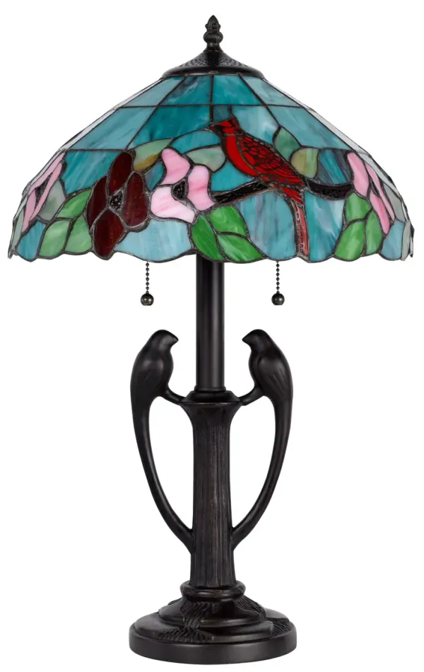Two Light Tiffany Table Lamp With Aqua And Red Floral Shade - Bronze